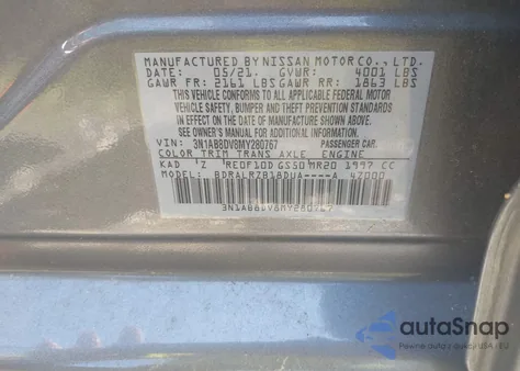 2021 Nissan Sentra Sr Xtronic Cvt z USA, uszkodzony, nr VIN 3N1AB8DV8MY280767